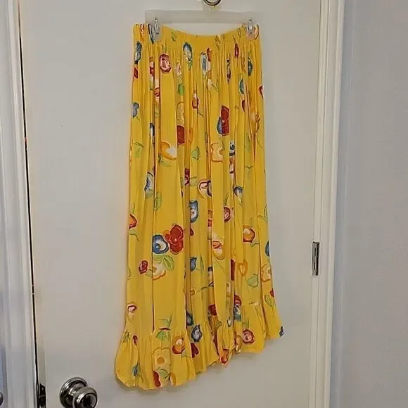 Vintage Bright Yellow Floral Ruffle Longline Peasant Gypsy Boho Festival Skirt - Picture 2 of 6